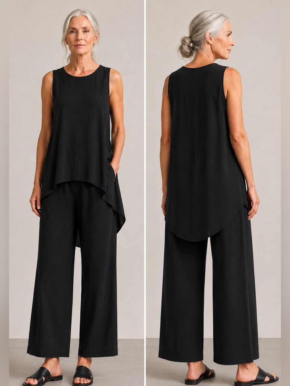 EILEEN FISHER 100% Silk Black Sleeveless High Low Tunic Style Blouse Size Medium